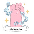 Symbol of autonomy with a clenched fist breaking chains