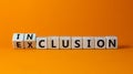 Symbol for a better inclusion. Inverted cube and changed word exclusion to inclusion. Beautiful orange background. Copy space