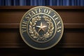 Symbol and big seal of State of Texas on the tribune. Press conference of governor of Texas or others political events of Texas Royalty Free Stock Photo