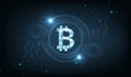 Symbol bitcoin on dark blue tech circuits background. Royalty Free Stock Photo