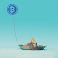 Symbol of bitcoin dragging it forward euro banknote paper boat shape. Future of Cryptocurrency optimistic concept