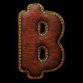 Symbol bitcoin made of leather. 3D render font with skin texture on black background.
