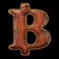 Symbol bitcoin made of leather. 3D render font with skin texture isolated on black background.