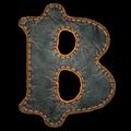 Symbol bitcoin made of leather. 3D render font with skin texture isolated on black background.