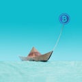 Symbol of bitcoin pull forward won banknote paper boat shape. Cryptocurrency future optimistic concept