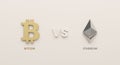 Symbol of Bitcoin vs Ethereum, the two most famous cryptocurrencies. 3D rendering of Cryptocurrency coin logos, 2p2 exchange,