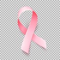 Symbol of breast cancer awareness month in october. Realistic pink satin ribbon over transparent background. Vector. Royalty Free Stock Photo