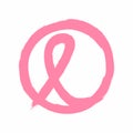 Symbol of Breast Cancer Awareness Month painted with watercolour brush. Grunge pink ribbon in round frame.