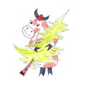 Symbol of 2021 bull holding a christmas tree, watercolor drawing on white background