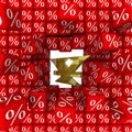 The symbol of the China currency breaks the wall of percentages