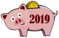 Piggy bank Happy New Year 2019 card with cute cartoon pig. The year of Pig