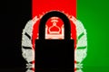 Silhouette of big black closed lock against flag of Afghanistan