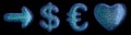 Symbol collection arrow, dollar, euro, heart made of blue plastic. 3d rendering Royalty Free Stock Photo