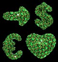 Symbol collection arrow, dollar, euro, heart made of 3d render green diamond.