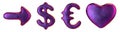 Symbol collection arrow, dollar, euro, heart made of 3d render purple color. Collection of natural snake skin texture