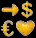 Symbol collection arrow, dollar, euro, heart made of golden shining metallic. Collection of gold shining metallic with Royalty Free Stock Photo