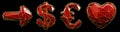 Symbol collection arrow, dollar, euro, heart made of red glass. Collection symbols of low poly style red color glass Royalty Free Stock Photo