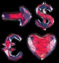 Symbol collection arrow, dollar, euro, heart made of red glass. Collection symbols of low poly style red color glass Royalty Free Stock Photo