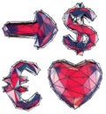 Symbol collection arrow, dollar, euro, heart made of red glass. Collection symbols of low poly style red color glass Royalty Free Stock Photo