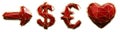 Symbol collection arrow, dollar, euro, heart made of red glass. Collection symbols of low poly style red color glass Royalty Free Stock Photo