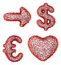 Symbol collection arrow, dollar, euro and heart made of red plastic. 3d rendering