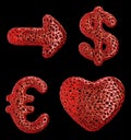 Symbol collection arrow, dollar, euro and heart made of red plastic. 3d rendering