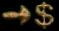 Symbol collection arrow and dollar made of 3d render gold color. Collection of natural snake skin texture style symbol