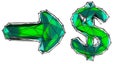 Symbol collection arrow and dollar made of green glass. Collection symbols of low poly style green color glass isolated