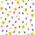 Illustration for paper design. Cute seamless patterns. Multi-colored Easter eggs and chickens. Spring holiday. Textile ornament. V