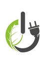 Symbol combining a green leaf with an electrical power button. Royalty Free Stock Photo