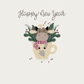 The symbol of 2021 is a cute, cartoon bull or cow sitting in a Cup in a Christmas striped scarf. Vector illulstration