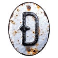 Symbol dashcoin made of forged metal on the background fragment of a metal surface with cracked rust.