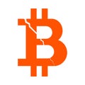 Symbol of the digital crypto currency bitcoin with a crack from the upper left corner, monochrome orange. Royalty Free Stock Photo