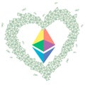 Symbol of digital virtual crypto currency Ethereum of a inside a heart shape consisting of paper money banknotes. I love