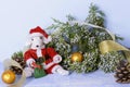 Symbol of 2020 on the eastern calendar. Cute white rat in a red Santa Claus costume near the juniper branch and golden