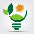 Symbol ecology bulb logos of green with sun and leaves nature element icon on white background,Vector illustration Royalty Free Stock Photo