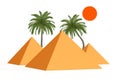 Symbol of Egypt Concept. Pyramids, Palm Trees and Sun. 3d Rendering