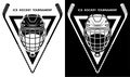Symbol, emblem of crossed sports sticks and black rubber puck for ice hockey competition. Hockey sports equipment. Active