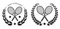 Symbol, emblem of crossed sports tennis rockets and ball for tennis with laurel wreath for competition. Tennis sports equipment.