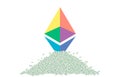 Symbol Ethereum on the background of a large pile of paper money banknotes