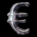 Symbol euro made of forged metal in the center of circle isolated on black background. 3d