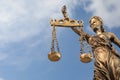 Symbol of fair treatment under law. Figure of Lady Justice against sky, low angle view with space for text