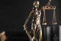 Symbol of fair treatment under law. Statue of Lady Justice on dark background, space for text