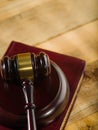 The symbol of a fair trial is a judge`s gavel on a wooden background. Low angle view. Fair justice, rule of law, Constitution, la Royalty Free Stock Photo