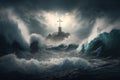 Symbol of faith - a cross on a small island in the center of the raging sea