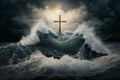 Symbol of faith - a cross on a small island in the center of the raging sea