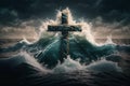 Symbol of faith - waves of the raging sea break on the cross