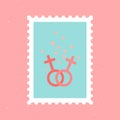 Symbol of female homosexuals with small flying hearts. Cute and romantic hand-drawn post stamp. Mail conceptual drawing. Love Royalty Free Stock Photo