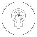 Symbol of feminism movement Gender women resist Fist hand in round and cross icon in circle round outline black color vector Royalty Free Stock Photo