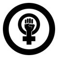 Symbol of feminism movement Gender women resist Fist hand in round and cross icon in circle round black color vector illustration Royalty Free Stock Photo